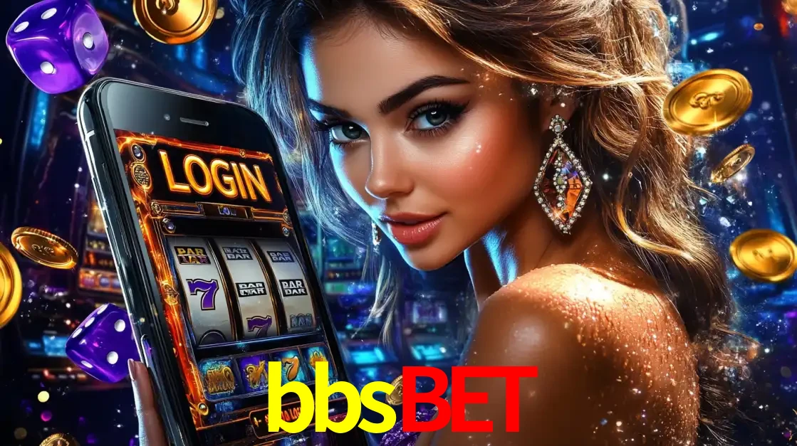 Mulher glamorosa segurando um smartphone com a tela de login para os jogos de caça-níqueis do cassino online bbsbet, com moedas de ouro e dados ao redor.