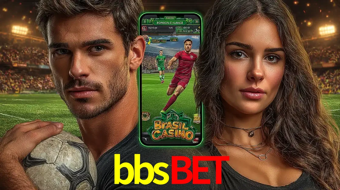 Homem segurando uma bola de futebol e uma mulher ao lado de um smartphone exibindo o jogo de apostas esportivas da bbsbet. Faça seu palpite no cassino online.